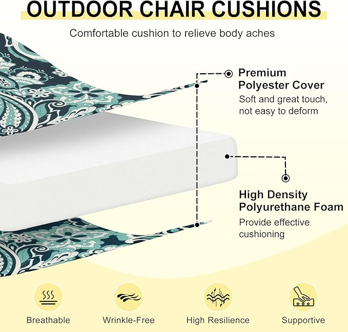 downluxe Outdoor Chair Cushions Set of 6 for Patio Furniture, Water-Resistant Square Corner Patio Chair Cushions with Ties, High Density Foam Outdoor Seat Cushion, 18.5" X 16" X 3", Green Paramecium