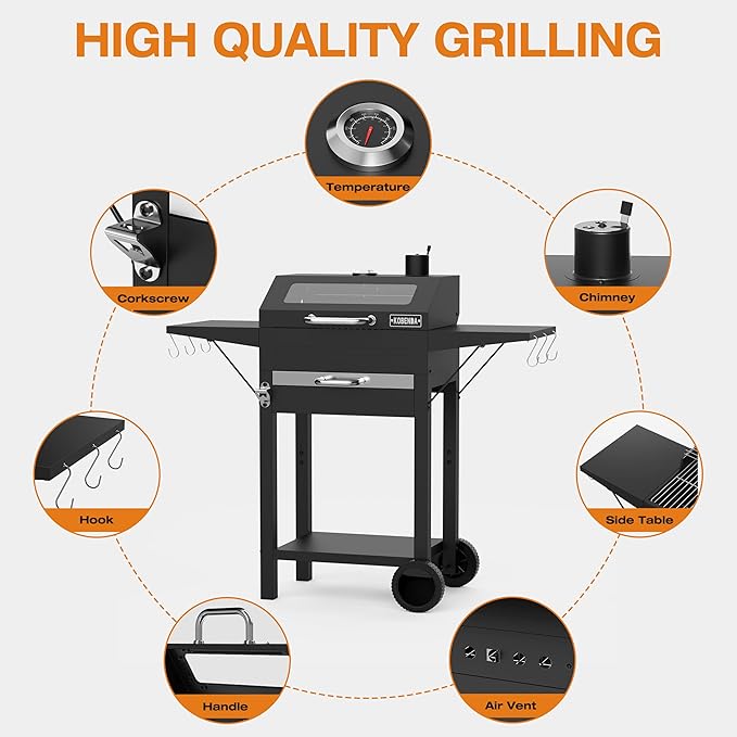 Charcoal Grills with Side Tables and Bottle Opener, Barbecue BBQ Grill with Glass Cover for Outdoor Picnic Backyard Patio and Parties, 20inch Black
