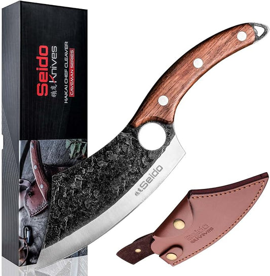 Seido Knives Hakai Chef Cleaver Knife | High Carbon Stainless Steel Meat Cleaver for Kitchen, Camping & BBQ | Japanese-Style Butcher Knife with Ergonomic Rosewood Handle & Leather Sheath