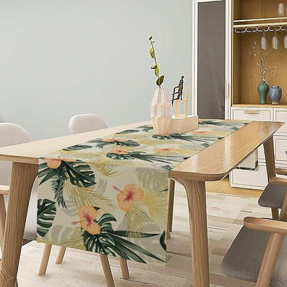Tropical Leaves Table Runner Retro Boho Palms Tree Flower Hawaii Jungle Botanical Spring Summer Seasonal Dinner Runner for Farmhouse Home Kitchen Dining Holiday Party Decor 13x36in