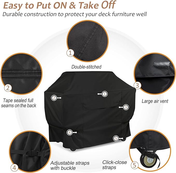 NettyPro Grill Cover for Outdoor Grill 44 Inch Waterproof Heavy Duty, Black | 2-3 Burner Gas BBQ Cover for Outside, UV Protection, Windproof Strap, Air Vent, Fits Weber, Char-Broil, Brinkmann Barbecue