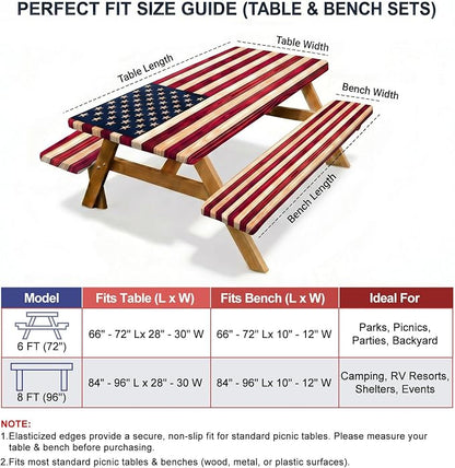 Picnic Table Cover with Bench Covers Windproof Waterproof Picnic Table Covers Camping Tablecloth with Self-Storage Bag, 72in, Vintage Wood Flag