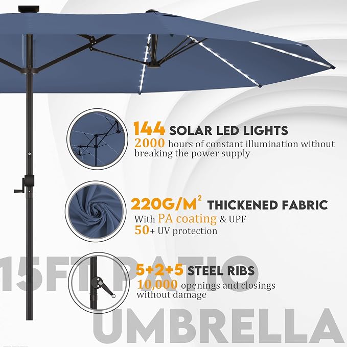 GDPFN 15ft Large Patio Umbrella with Solar Lights, Outdoor Double-Side Rectangular Umbrella, Backyard Pool Umbrella with LED Light for Deck, Outside, Market, Navy (Base Not Include)