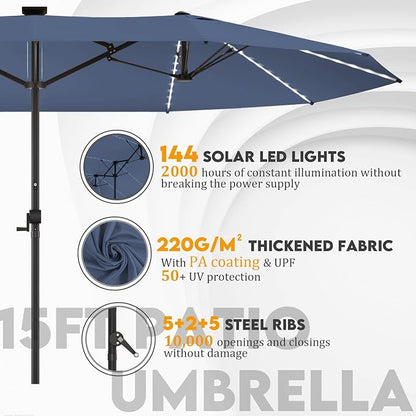 GDPFN 15ft Large Patio Umbrella with Solar Lights, Outdoor Double-Side Rectangular Umbrella, Backyard Pool Umbrella with LED Light for Deck, Outside, Market, Navy (Base Not Include)