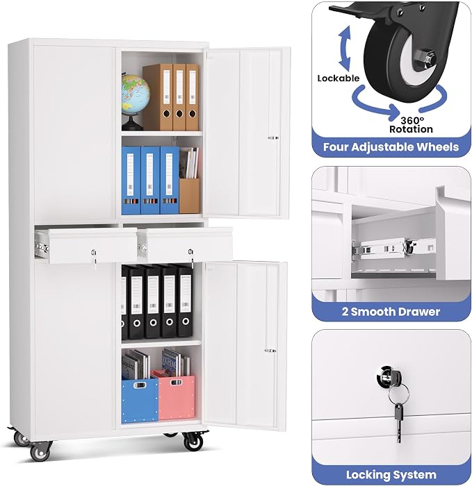 Garvee Metal Storage Cabinet, 73 Inch Garage Storage with Locking Doors and Adjustable Shelves, Heavy Duty Tool Cabinet with 2 Drawers