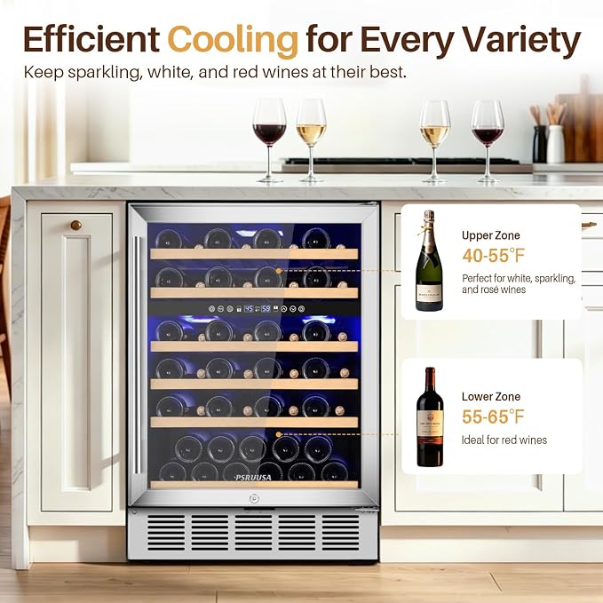 24 Inch Wine Fridge Dual Zone Wine Cooler Holds 46 Bottles, Temperature Control, Built-In or Freestanding Under Counter Wine Refrigerator with Glass Door for Kitchen, Home Bar