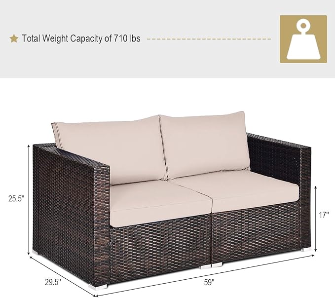 Tangkula Wicker Loveseat 2 Piece, Patio Furniture Couch with Removable Cushions, Rattan Loveseat Sofa for Balcony, Deck, Garden and Poolside