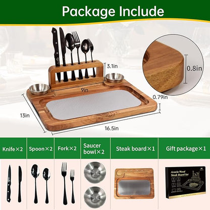 Acacia Wood Steak Board Set,16.5" Magnetic Charcuterie Board with Stainless Steel Scratch-Proof Cutting Surface Wooden Serving Platter with Cutlery & Sauce Cup for BBQ Dinner Party Housewarming Gift