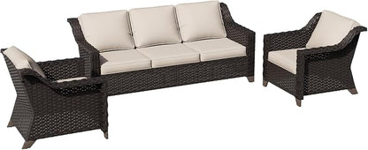 3 Piece Patio Furniture Set, Wicker Outdoor Conversation Set | Patio Chair Set with Olefin Removable Cushion, All-Weather Outdoor Couch with Deep Seat for Porch, Deck and Backyard, Beige