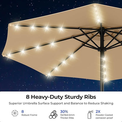 HOMSHADE 9FT Motorized Patio Umbrella with Remote Control & Solar Lights, Outdoor Table Umbrella with One-Button Switch for Deck, Backyard, Pool(Buff)