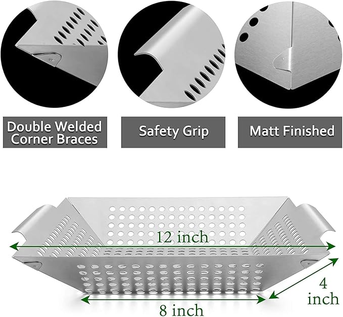 Stainless Steel Grill Basket, Large 12 Inches BBQ Accessories for Vegetable, Shrimps, Kabobs,Work for All Grill by DIMESHY