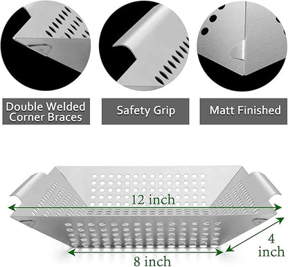 Stainless Steel Grill Basket, Large 12 Inches BBQ Accessories for Vegetable, Shrimps, Kabobs,Work for All Grill by DIMESHY