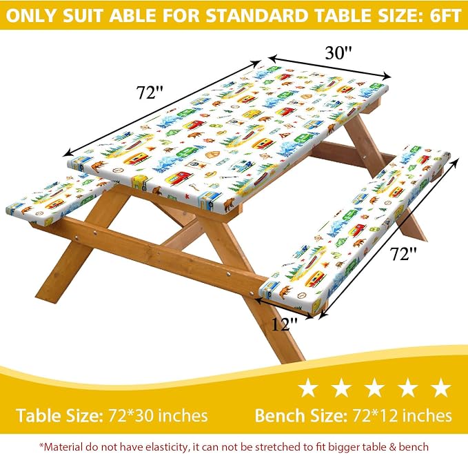 Picnic Table Cover with Bench Covers, RV Bear & Mountain Camping Tablecloth, Elastic Edges, Windproof Waterproof Fitted, for Outdoor Camping Patio Garden, with Drawstring Bag, 60 Inch 3PCS