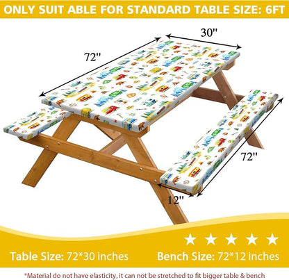 Picnic Table Cover with Bench Covers, RV Bear & Mountain Camping Tablecloth, Elastic Edges, Windproof Waterproof Fitted, for Outdoor Camping Patio Garden, with Drawstring Bag, 60 Inch 3PCS