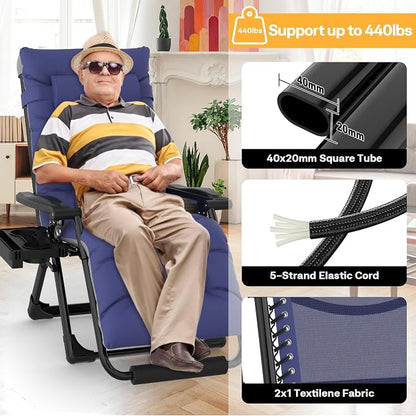Slendor Oversized Zero Gravity Chairs XL, 29in Padded Recliner Chair, Blue | Reclining Lounge Chair, Folding Anti Gravity Chairs w/Aluminum Alloy Lock,Headrest,Cup Holder, Support 440lbs,for Lawn Patio