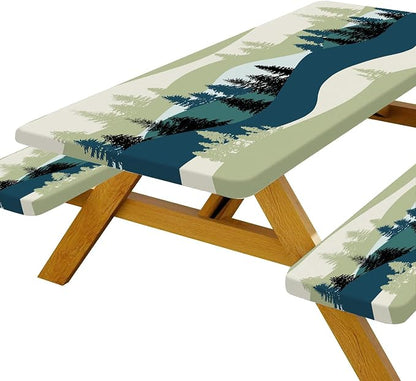 JAWO Picnic Table Cover with Bench Covers, Mountain Forest Camping RV Essentials Gear Supplies Outdoor Waterproof Windproof Tablecloth with Elastic, 72in, Green Blue