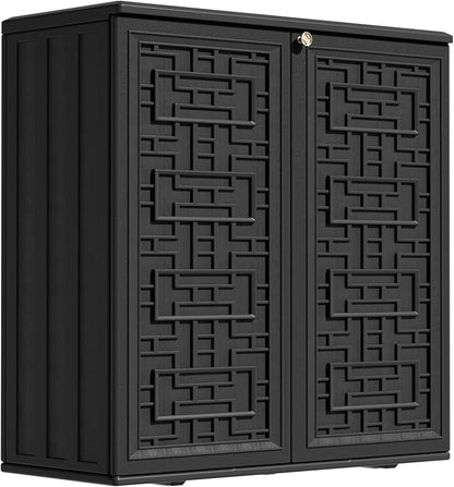 ZZM HDPE Outdoor Storage Shed, Outdoor Plastic Storage Cabinet, Horizontal Resin Tool Shed for Garden, All Weather Outdoor Storage Clearance, DIY Usage, with one Shelf (Black)