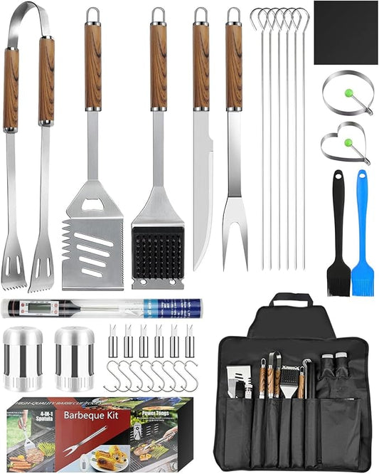 MOXTOYU 37PCS BBQ Accessories Kit with Thermometer, Multifunctional Apron, Barbecue Mats, Egg Ring, Stainless Steel Grilling Accessories for Camping, Flat Top Grill Accessories Set for Men Women