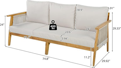 Christopher Knight Home Outdoor 3 Seater Patio Sofa with Acacia Wood Frame and Rope Weave Design, Cushioned Garden Couch with Removable Covers for Patio Deck Balcony, Teak and Beige