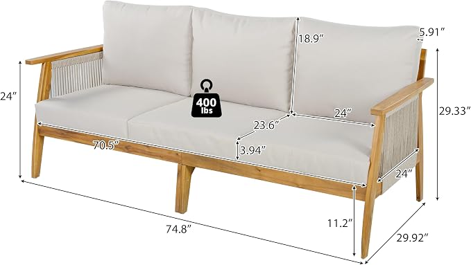 Merax Outdoor Acacia Wood & Rope 3-Seater Patio Sofa with Water-Repellent Cushions, Handmade Woven Garden Sofa for Poolside & Deck