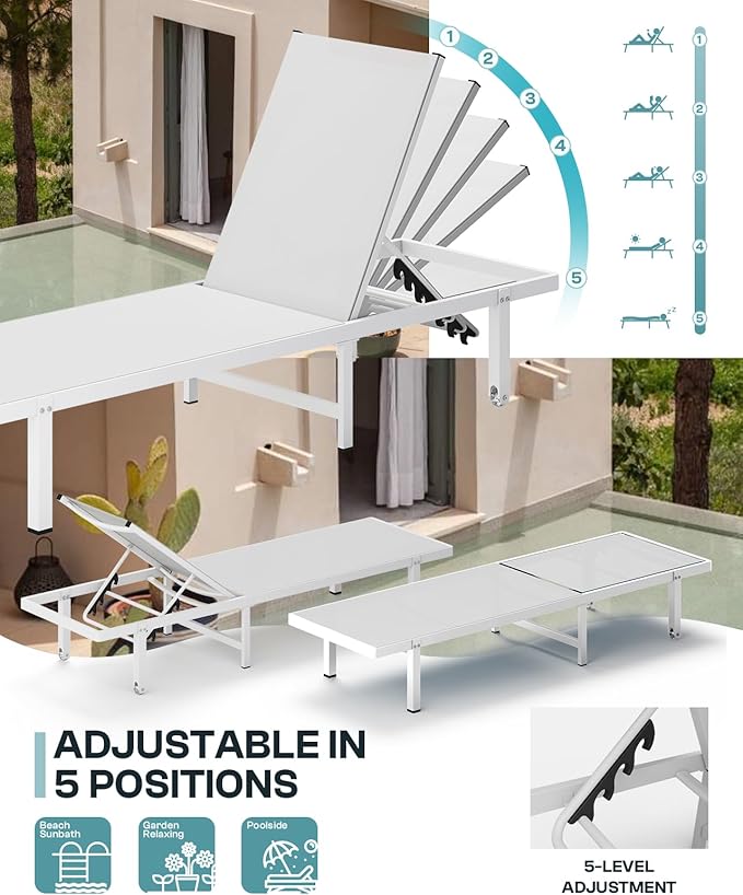 Pool Lounge Chairs Set of 2, Aluminum Outdoor Lounge Chairs with Wheels and 5-Position Recliner -Easy to Move- Patio Chaise Lounge Outdoor for Poolside, Deck, Beach (White)