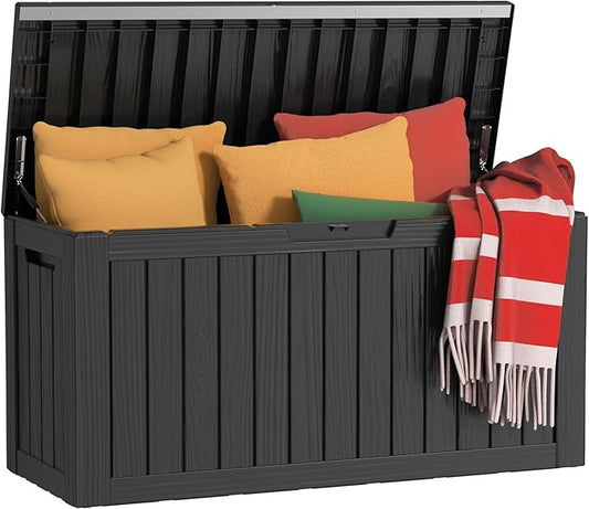 PatioZen 85 Gallon Deck Box Outdoor, Weatherproof Resin Patio Storage Box, Waterproof Outdoor Storage Boxes with Lid Lockable for Cushions, Garden Tools,Black