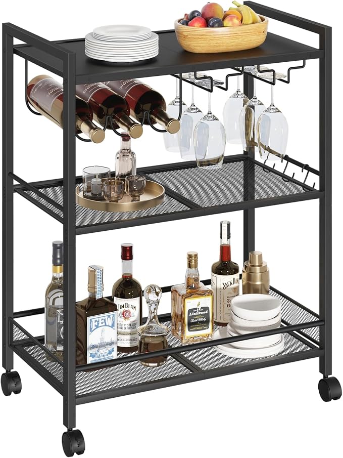 Joaxswe Bar Cart,3-Tier Home Bar Serving Cart with Lockable Wheels,Black | Microwave Cart,Mobile Kitchen Shelf,Rolling Beverage Cart with Wine Rack and Glass Holder for Kitchen,Dinning Room