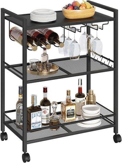 Joaxswe Bar Cart,3-Tier Home Bar Serving Cart with Lockable Wheels,Black | Microwave Cart,Mobile Kitchen Shelf,Rolling Beverage Cart with Wine Rack and Glass Holder for Kitchen,Dinning Room