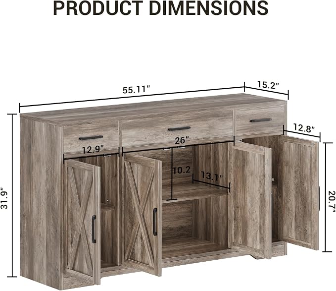 Garvee 55 in Large Buffet Sideboard Cabinet with Storage 4 Doors and 3 Drawers Kitchen Storage Cabinet Coffee Bar Buffet Table for Dining Room, Living Room, Adjustable Shelf