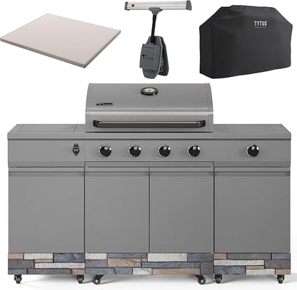 Tytus Fresno 5-Burner Propane or Natural Gas Island Grill – 864 sq. in. Cooking, 48,000 BTU Main + 12,000 BTU Side Burner, Porcelain Grates, Storage Cabinets, Semi-Portable - GM/Ash Stone Deluxe Kit