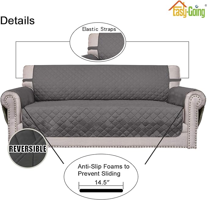 Easy-Going Reversible Loveseat Couch Cover for 2 Cushion Couch Sofa Cover for Dogs Water Resistant Furniture Protector with Foam Sticks Elastic Straps for Pet (Loveseat, Gray/Gray) | Machine Washable Slipcover For Dogs, Water Resistant Furniture Mat Fo...
