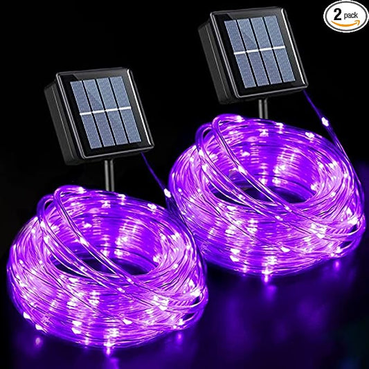QITONG 2 Pack Solar Halloween Lights, Each 33ft 100 LED Purple String Lights, 8 Modes Clear PVC Tube Light Outdoor Waterproof