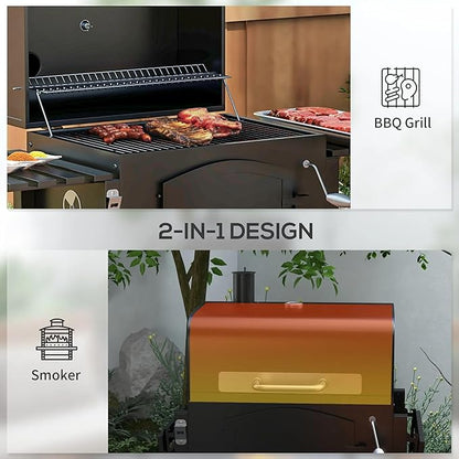 Charcoal BBQ Grill with Adjustable Height, Folding Side Shelves, Thermometer, Wheels & Storage Rack, Outdoor Barbecue Grill