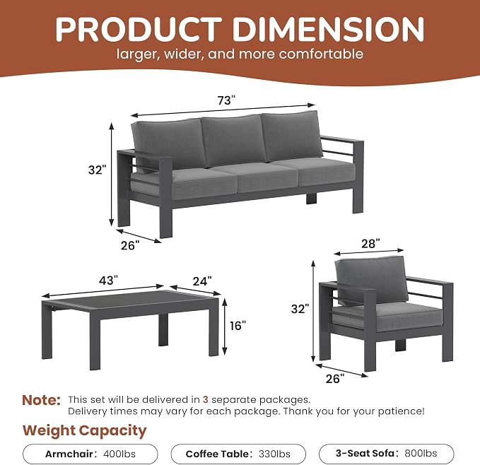Solaste 5-Seaters Aluminum Outdoor Patio Furniture Set, Patio Sectional with 5" Thick Cushion, Outdoor Furniture with Coffee Table, Patio Sofa for Porch, Backyard, Deck, Yard, Dark Grey