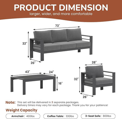 Solaste 5-Seaters Aluminum Outdoor Patio Furniture Set, Patio Sectional with 5" Thick Cushion, Outdoor Furniture with Coffee Table, Patio Sofa for Porch, Backyard, Deck, Yard, Dark Grey
