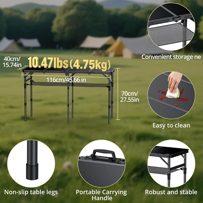 Anbte 4-Fold Camping Table, 46” X 16” Portable Folding Camping Table, Black | 3 Adjustable Height Max 27.5”, with Storage Net, Aluminum Lightweight Folding Table, for Picnic Beach RV Travel Tailgate Camp