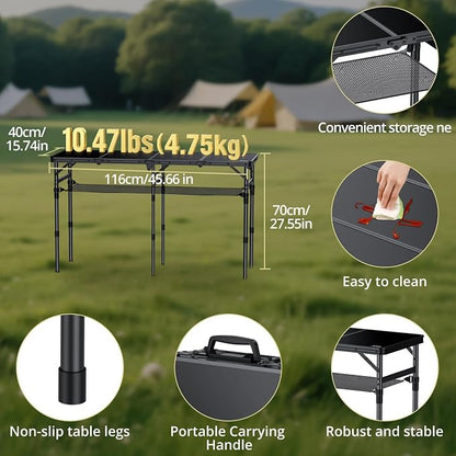 Anbte 4-Fold Camping Table, 46” X 16” Portable Folding Camping Table, Black | 3 Adjustable Height Max 27.5”, with Storage Net, Aluminum Lightweight Folding Table, for Picnic Beach RV Travel Tailgate Camp