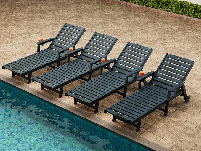 Garvee Lounge Chair Outdoor Set of 4 with Wheels & 5-Position Adjustable Backrest, Oversized Chaise Lounge with 2 Move Handle, HDPE Lounge Chair w/Detachable Cup Holder, for Patio, Pool,Navy Blue