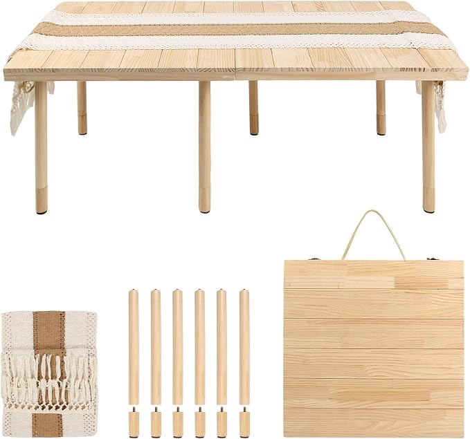 44" x 22" Boho Low Picnic Table, Foldable Solid Wood Construction | Beach Table with Tablecloth & Adjustable Legs, Indoor & Outdoor Use for Beach, Camping, BBQ, Wedding & Warm Family Gatherings