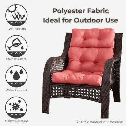 Outdoor Tufted High-Back Chair Cushions, One-Piece Hinged Seat and Back Design, Reversible with 4 Ties, Durable Polyester Fabric, Recycled Fiber Fill - Set of 2, Coral
