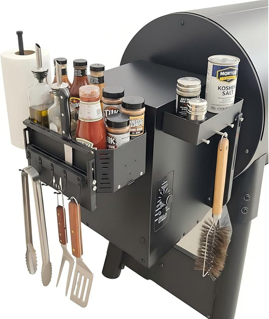 Magnetic Grill Storage Bin for Traeger Ironwood & Pro, Double-Fix Smoker Organizer with Large Paper Towel Rack, Probe Box & Hooks, Black, Heavy Duty BBQ Accessories for Pit Boss