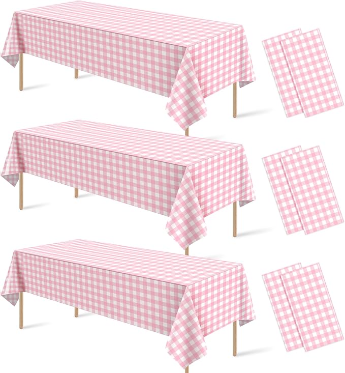 6Pcs Pink Gingham Tablecloths, Checkered Party Table Covers 54x108 In | Pink and White Checkered Tablecloths Disposable Waterproof for Baby & Bridal Shower Picnic Camping Girls Birthday Party