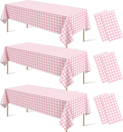6Pcs Pink Gingham Tablecloths, Checkered Party Table Covers 54x108 In | Pink and White Checkered Tablecloths Disposable Waterproof for Baby & Bridal Shower Picnic Camping Girls Birthday Party