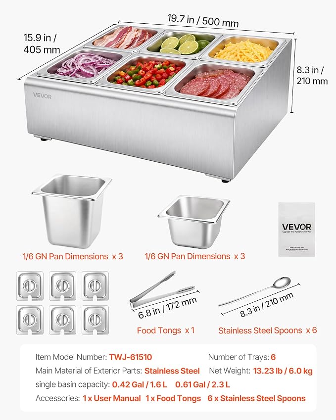 VEVOR Countertop Food Serving Display Container, Stainless Steel Food Salad Server Tray, Buffet Condiment Dispenser, Ice Cooled Rack with Separate Lid, for Restaurant Hotel Kitchen Party (6x1/6 Pan)