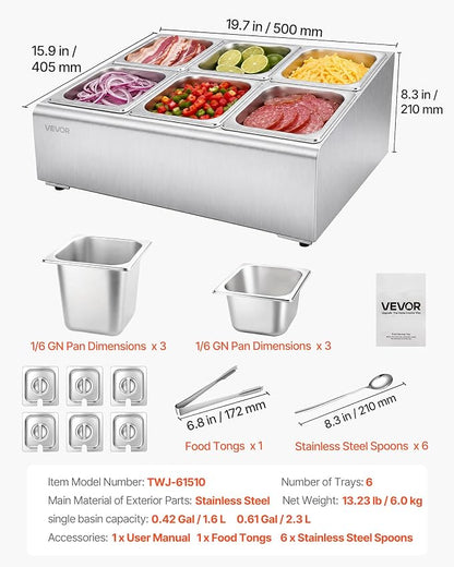 VEVOR Countertop Food Serving Display Container, Stainless Steel Food Salad Server Tray, Buffet Condiment Dispenser, Ice Cooled Rack with Separate Lid, for Restaurant Hotel Kitchen Party (6x1/6 Pan)