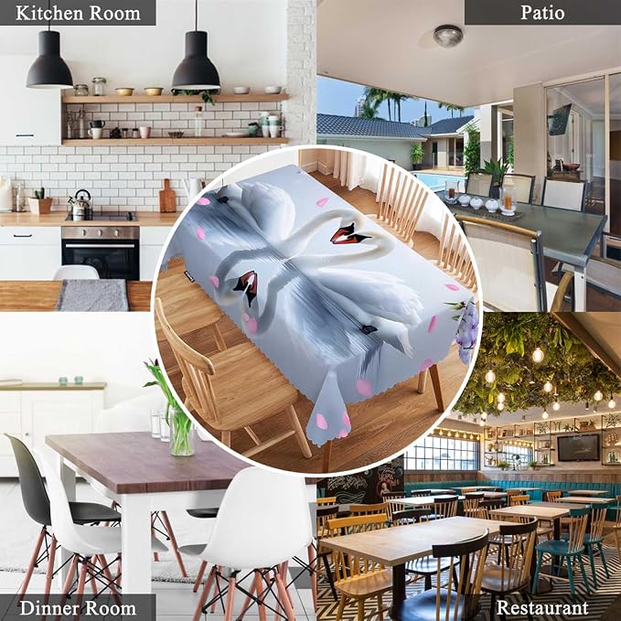 Swono Decorative Rectangle Table Cloth Swans, White Swans Love Heart Flowers Polyester Tablecloth Kitchen Table Cover for Dining BBQ Picnic Coffee Table 50x72, 4-6 Seats