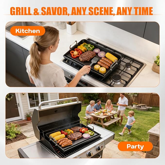 16" x 13" Portable Steel Nonstick Grill Griddle for Gas & Charcoal Grills, Flat Top BBQ Griddle Plate with Grease Groove & Removable Handle, Universal Fit for Outdoor & Home Cooking, Tailgating