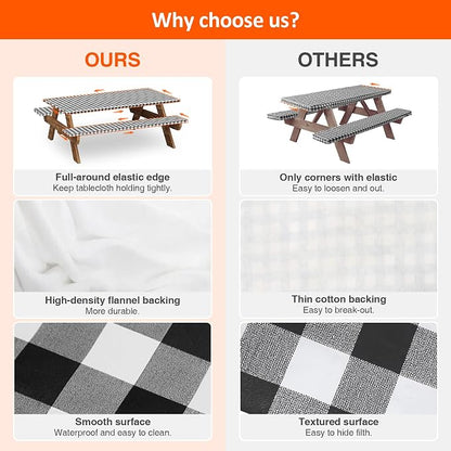 5ft 60" Picnic Table and Bench Cover, 3 Pack, Black-White Checkered | Waterproof Windproof, Elastic Fitted Edges Tablecloth, for Rectangle Table & Seat, Camping Essentials RV Gear