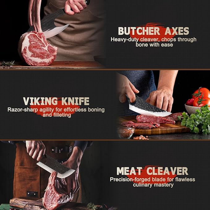 TIJERAS Butcher Knife Set For Meat Cutting, 3PCS Hand Forged Camping Knife Set With Ergonomic Handle, High Carbon Steel Meat Bone Cleaver for Kitchen Camping BBQ, Birthday Gifts for Men Women