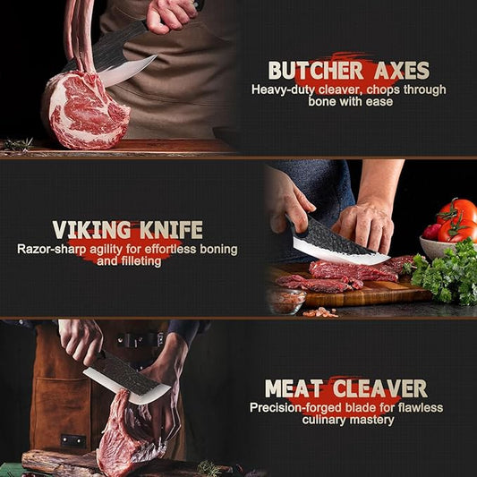 TIJERAS Butcher Knife Set For Meat Cutting, 3PCS Hand Forged Camping Knife Set With Ergonomic Handle, High Carbon Steel Meat Bone Cleaver for Kitchen Camping BBQ, Birthday Gifts for Men Women